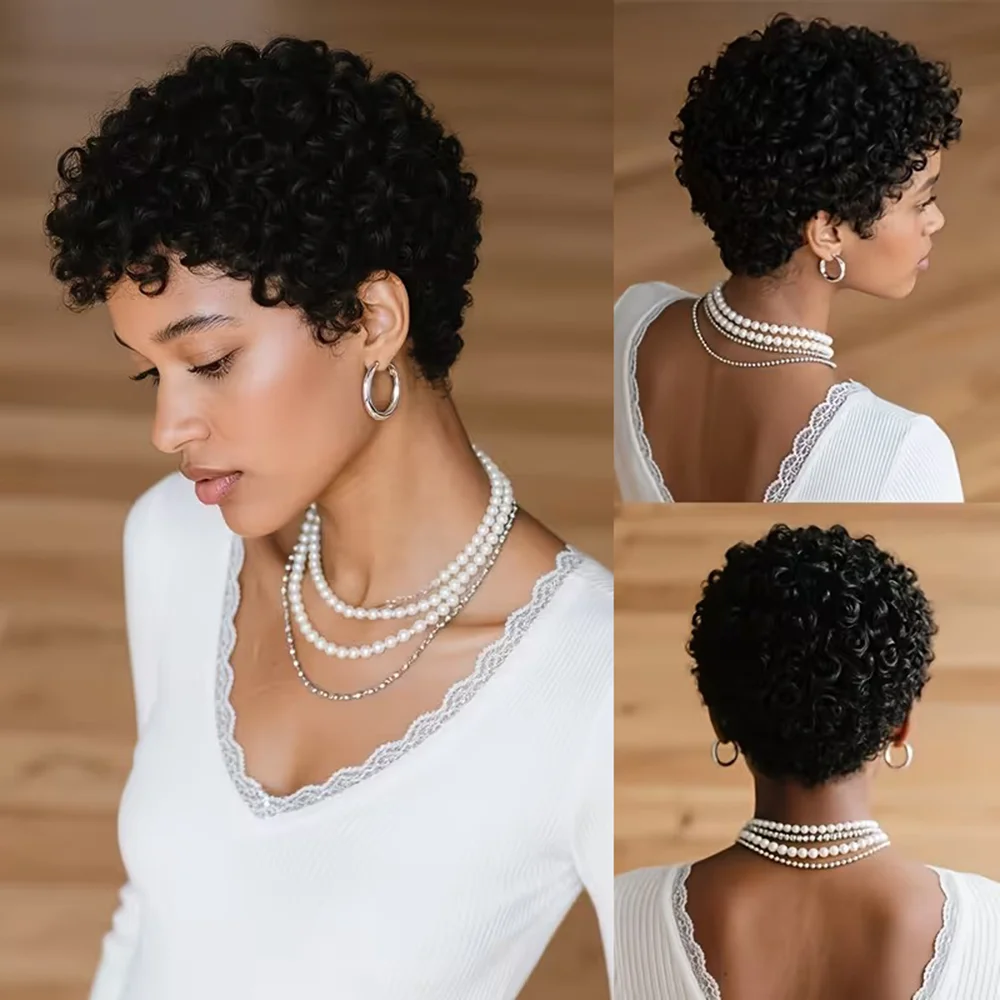 Curly Short Layered Pixie Cut Wig For Women 100% Human Hair Full Machine Made Natural Realistic Tangle-Free Easy To Maintain