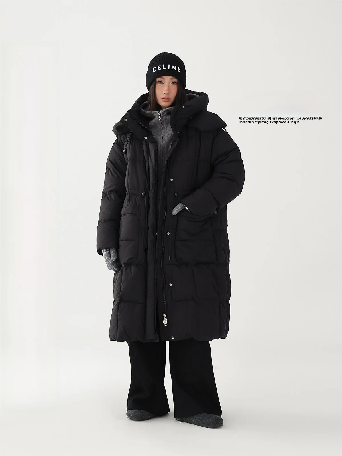 

AceStudios Thiened Long OverKnee DuDown Jaet Hooded American Retro Bread Coat Women's Warm Fluffy Coat Zipper Closure