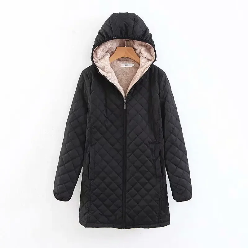 European and American New Women's Standing Collar Mid To Long Loose Lightweight Lambhair Cotton Coat, Fashionable Casual Jacket