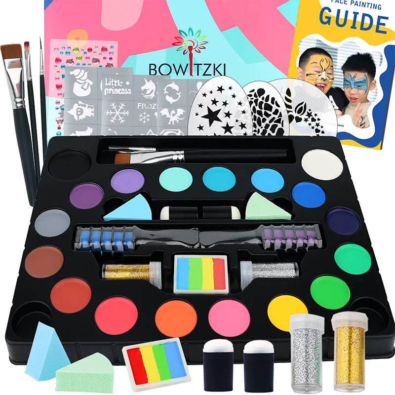 

Bowitzki Face Paint kit for kids-18 Colors, Split Cake Face Paint, Hair Chalks, Brushes, Sponges, Glitters, Gems, Reusable Stenc