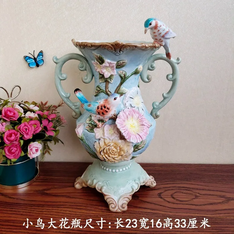 European-style small blue bird ceramic large vase pure hand-painted underglaze ceramic vase home dining table entrance ornament