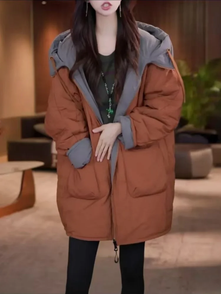 

Женское двустороннее хлопковое пальто Thiened на зиму с капюшоном, теплое и свободное, больших размеров, для мам