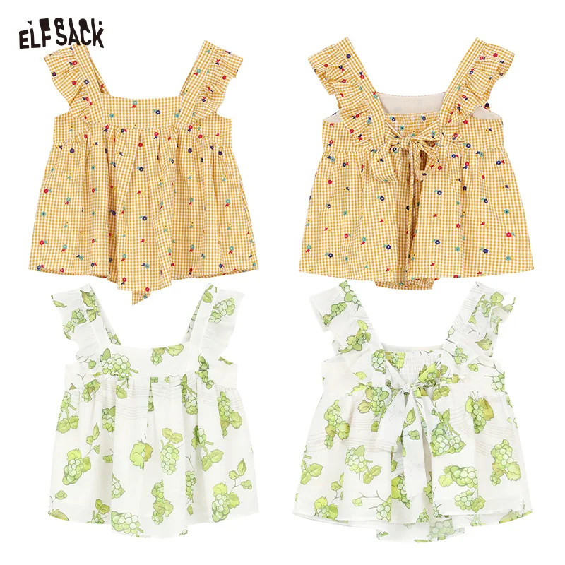 ELFSACK 2024 summer new arrival French flying sleeves green pastoral style floral suspenders sleeveless temperament chiffon shir