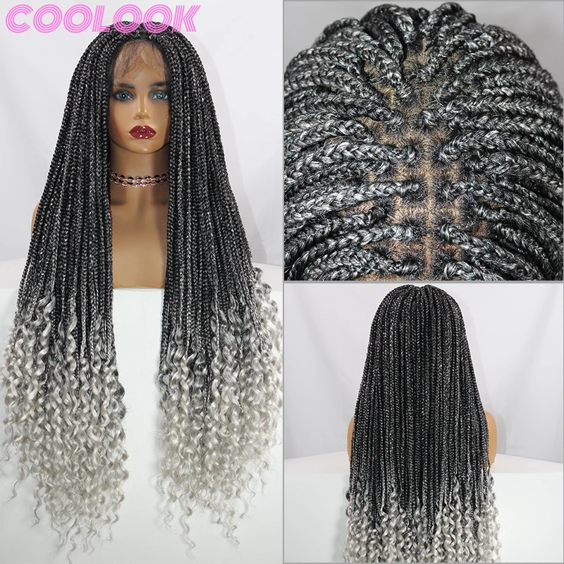 

30inch Ombre Silver Full Lace Box Braided Wigs Black Women Box Braids Lace Front Wigs Knotless Synthetic Braid Lace Frontal Wig