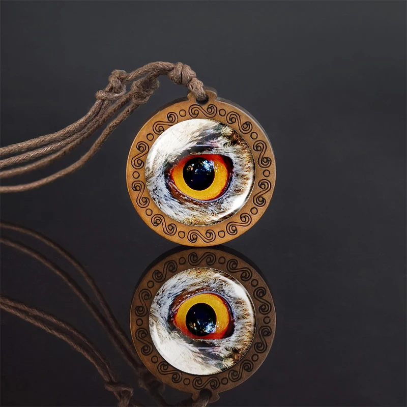 Animal Eyes Dragon Snake Owl Cat Tiger Eyes Glass Cabochon Necklace Handmade Wood Pendant Rope Chain Necklace for Men Women