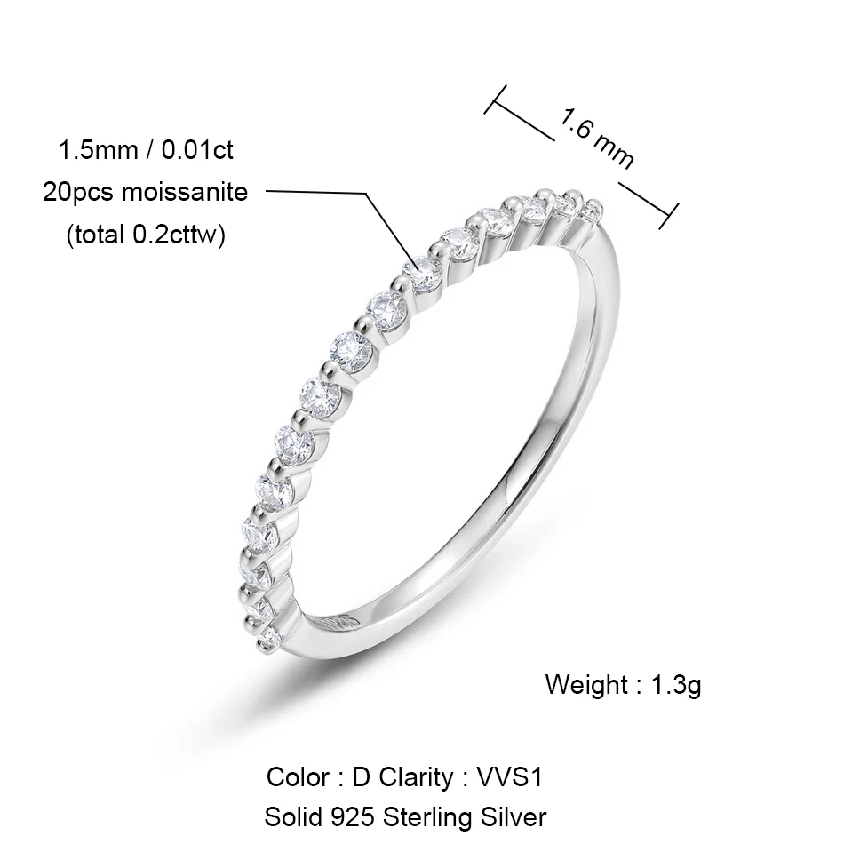 

ALLNOEL 1-4mm Full Moissanite Ring for Women D Color VVS1 Female Single Tail Ring 925 Silver Ring Wedding Eternity Band With GRA