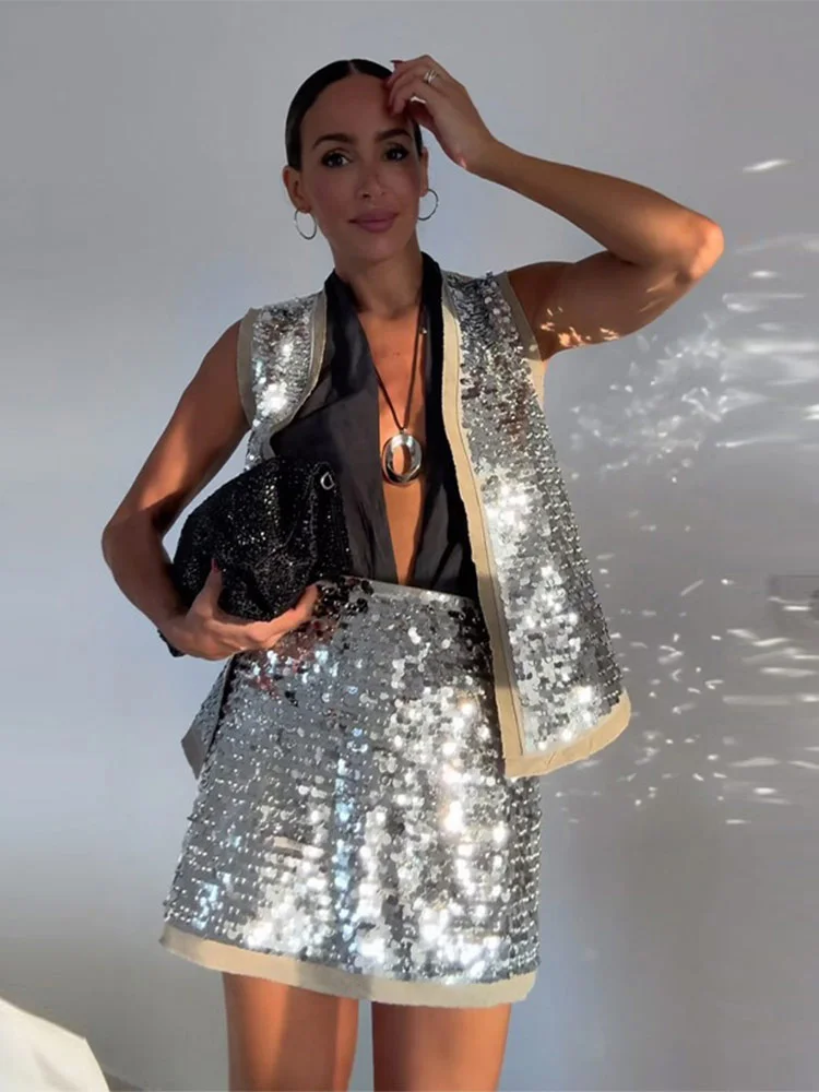 SIYANG Women Fashion Chic Front Sequined Vests Female Open Stitch Waistcoats Ladies Elegant Sleeveless Tops