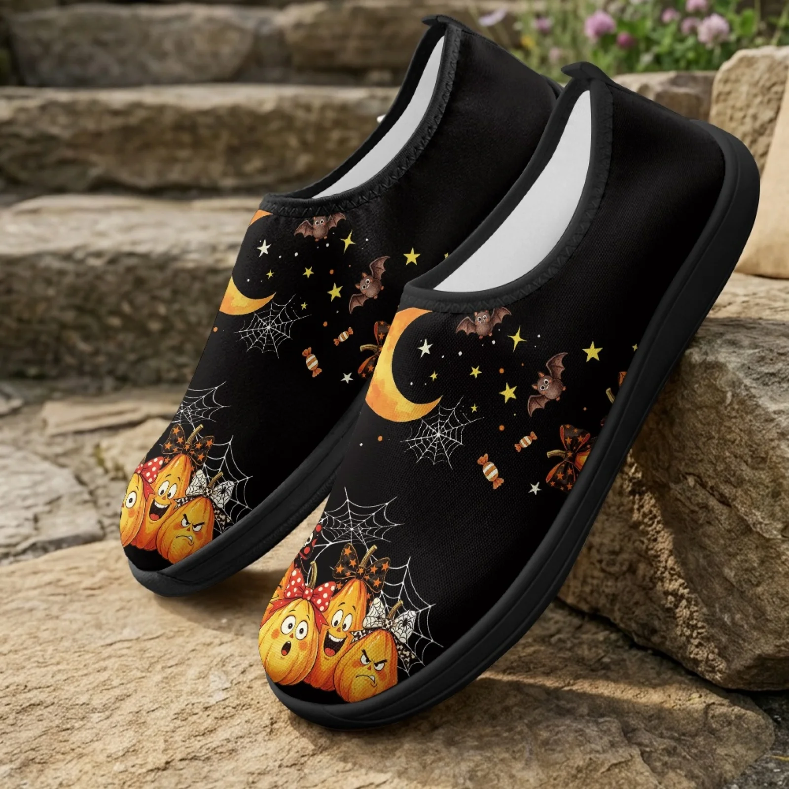 PENSTROLL Halloween Men Sports House Shoes Featuring Pumpkin Bat Moon, Comfortable Non-Slip Wide Fit for All Season Wear