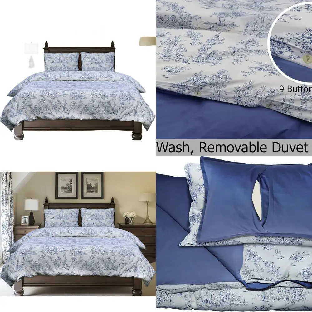 

King Size French Country Toile Cotton 3-Piece Bedding Set: 1 Duvet Cover 90x104, 2 Pillow Shams 20x36, Blue