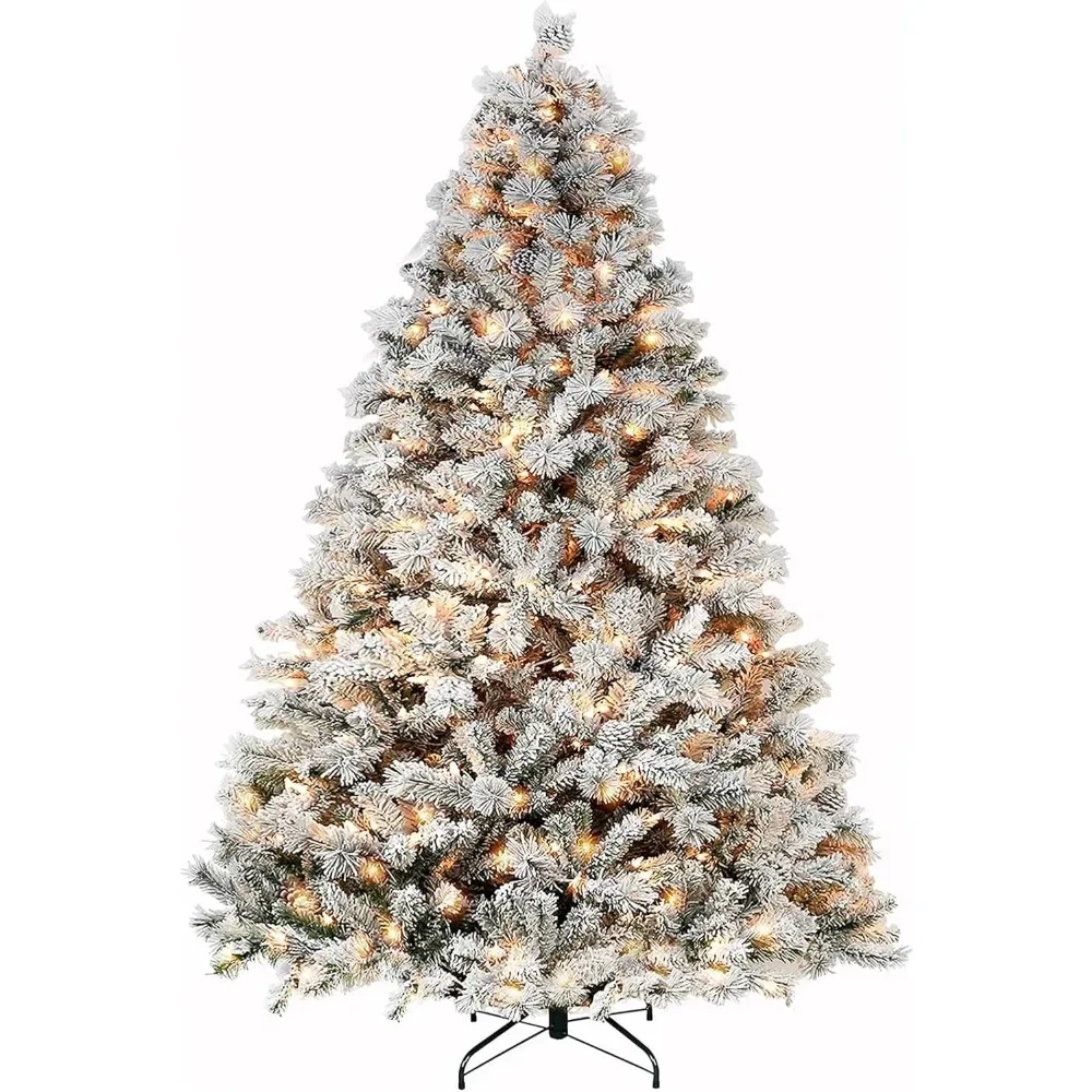 

7.5 ft Snow Flocked Christmas Tree, Artificial Christmas Tree with Pine Cones, 500 Warm White Lights, 1446 Tips, Metal Stand