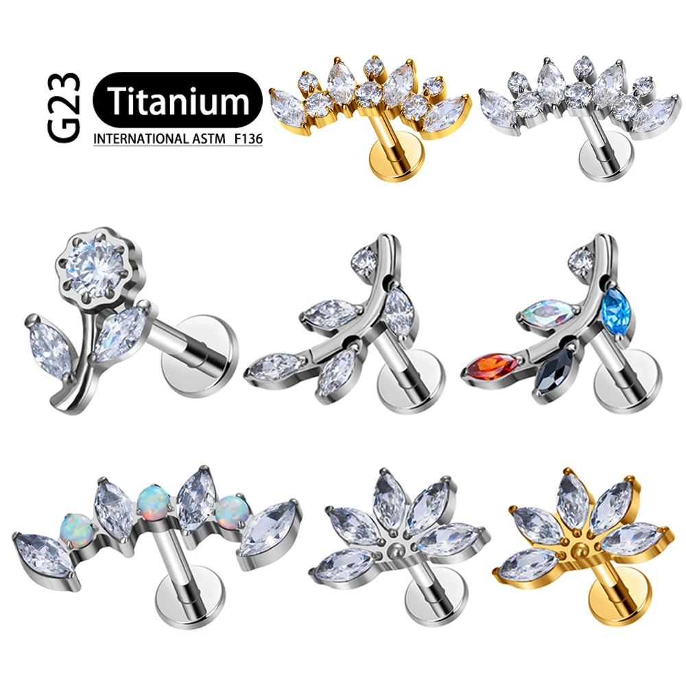 

ASTM F136 Titanium 16G EAR Leaf Shape with CZ Top Cartilage Tragus Earrings Ear Lip Helix Studs Tongue Nail Piercing Jewelry