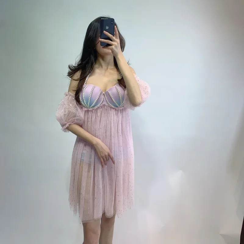 ชุดว่ายน้ำนางฟ้าแต่ละชิ้นชุดว่ายน้ำบิกินี่นางเงือกแบบไล่ระดับสีหอยมุกสายโซ่สำหรับชุดเดรสว่ายน้ำชุดว่ายน้ำผ้าแนวโลลิต้าฤดูร้อน