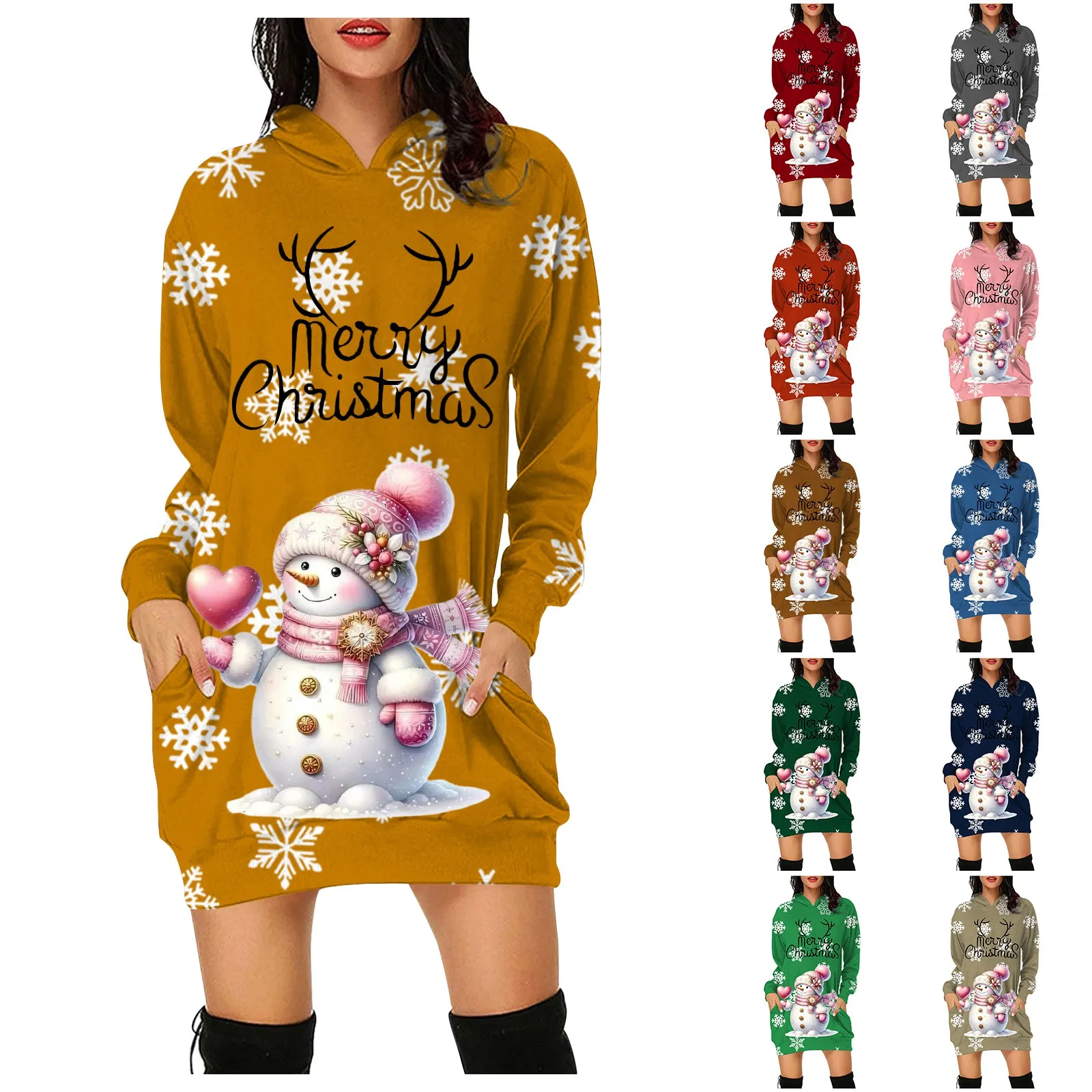 Boneco de neve feminino Natal estampado manga comprida pulôver vestido com capuz, casual solto, vestidos de bolso, moda