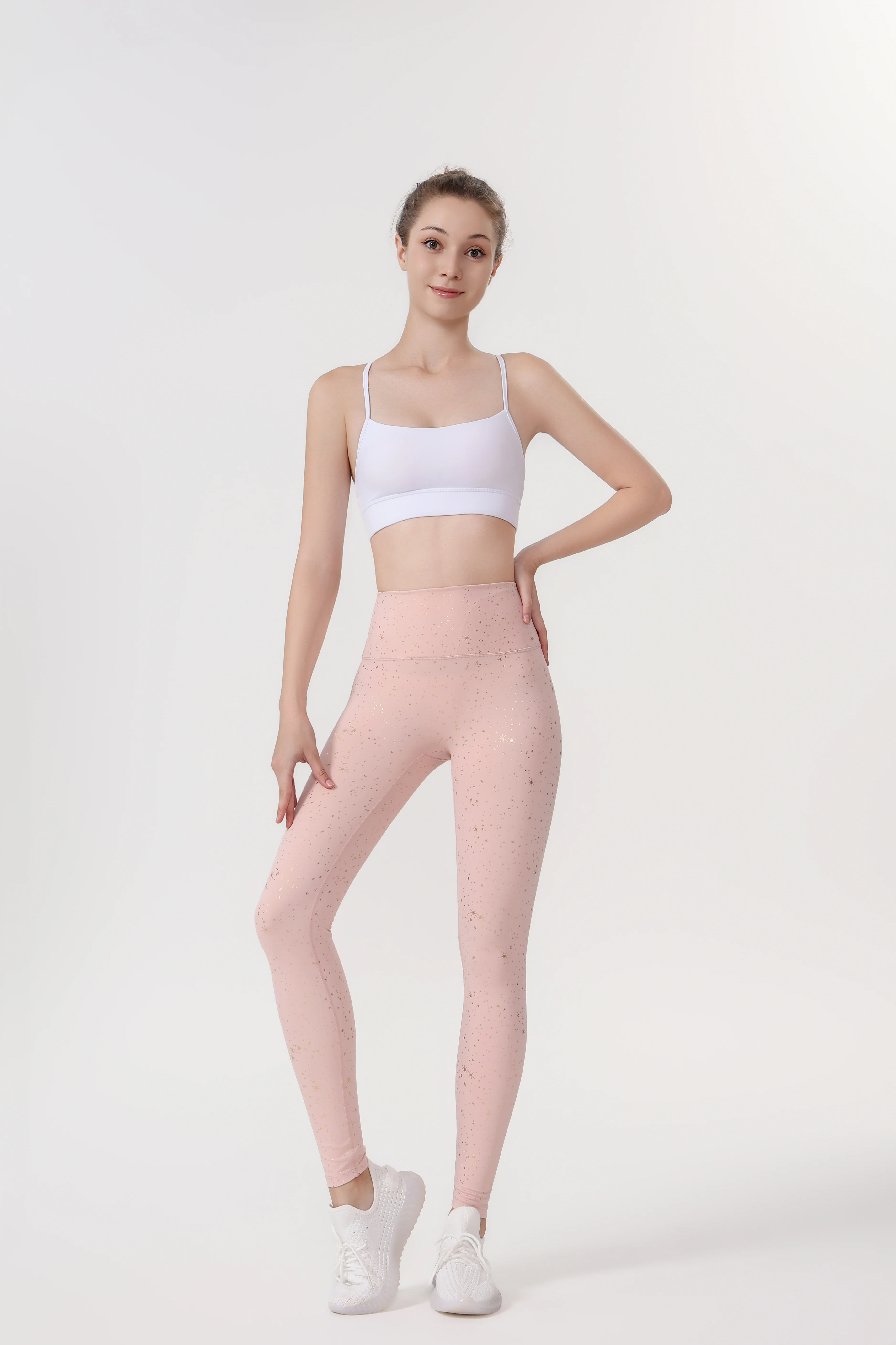 أطقم تمارين نسائية مكونة من قطعتين، وسترة قصيرة بسحاب ذهبي وسراويل ضيقة مرصعة بالنجوم، بدلة رياضية ضيقة سريعة الجفاف لصالة الألعاب الرياضية واليوجا