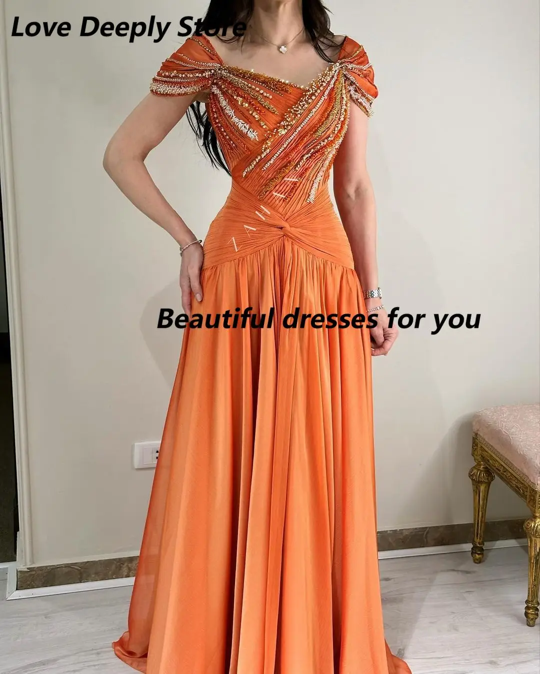 

Customized Off Shoulder Evening Dresses Sleevesless Prom Dresses Pleated Beadings Floor Length Party Dresses vestidos de novia