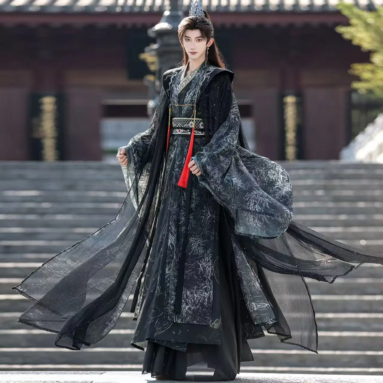 

Men's Black Printing Hanfu Ancient Chinese Cross Collar Clothing Vintgae Swordsman Cosplay Costume Carnival Stage Show Outfits