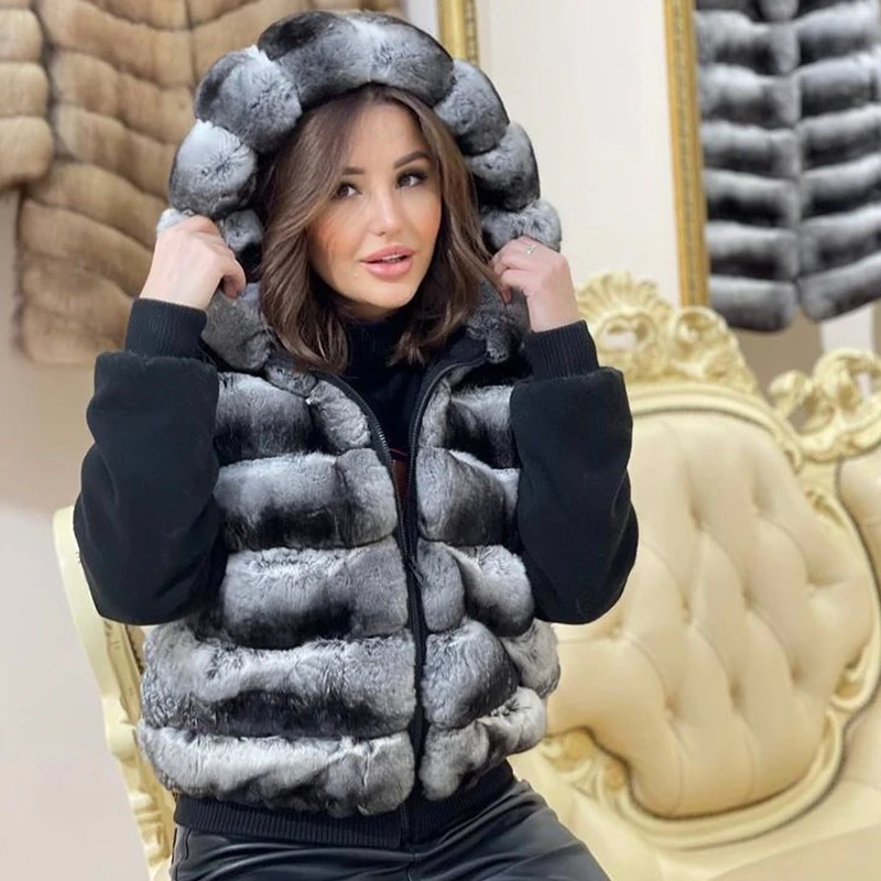 Hooded Fur Vest Women Real Rex Rabbit Fur Gilet New Chinchilla Colored Fur Waistcoat Plus Size Custom