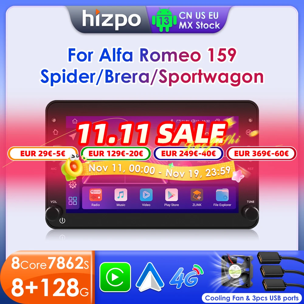 

Hizpo Android Auto Radio for Alfa Romeo 159 Brera Spider Sportwagon Carplay Car Multimedia RDS GPS 2din Autoradio AI Voice 7862