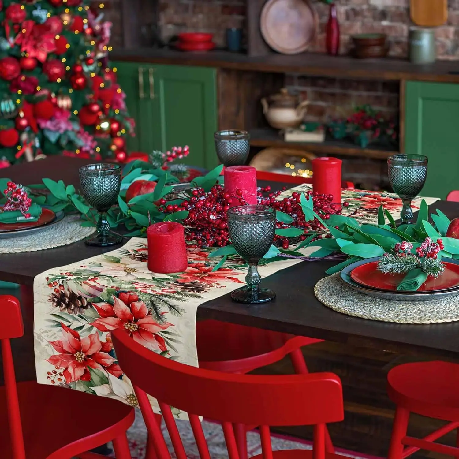 Christmas Poinsettia Pine Needle Pine Cone Linen Table Runner for Table Decor Xmas Botanical Table Runner Christmas Decorations