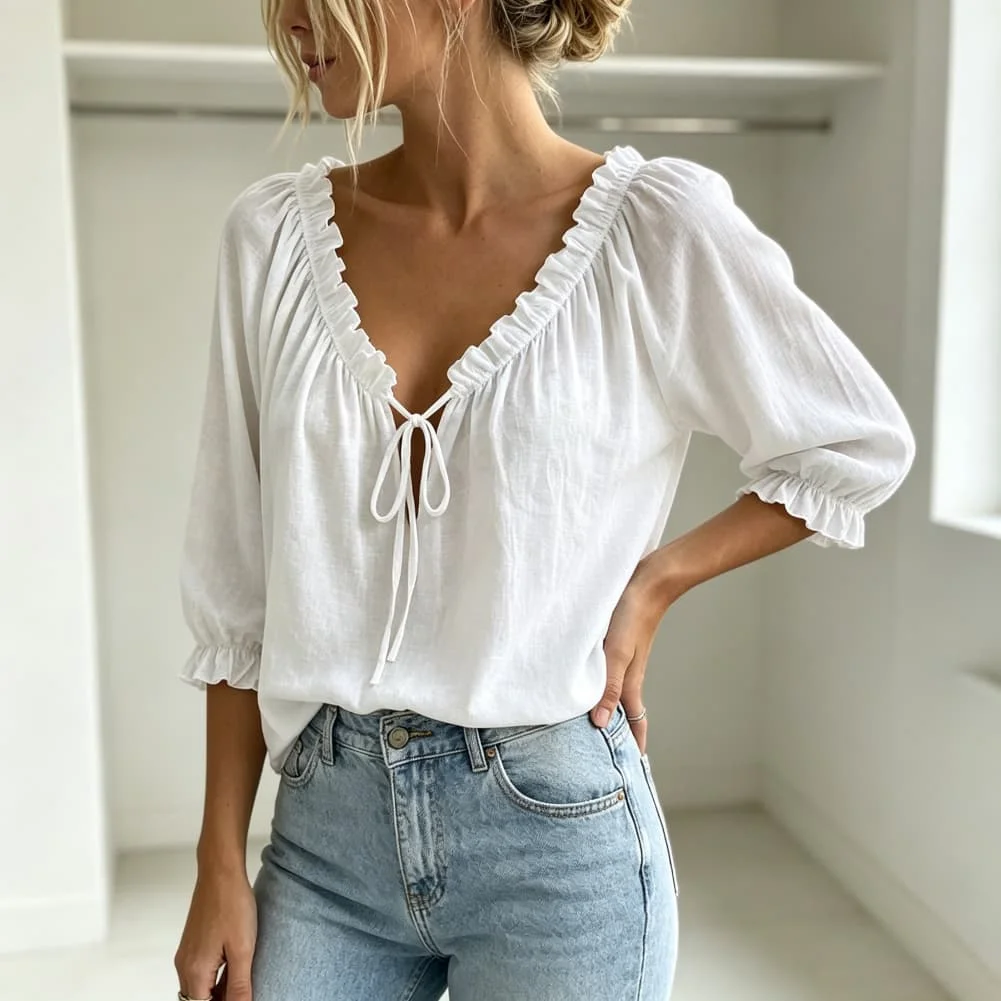Women's Long Sleee Neck Solid Color Drawstring Lace For Top for Casual Summer Wear at Beach acation or Cycling Eents