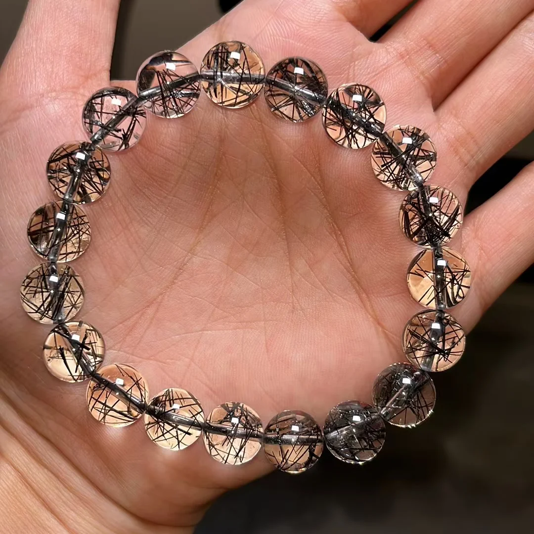 Natural Black Rutilated Quartz Crystal Bracelet 10.5mm Woman Brazil Black Rutilated Quartz Round Beads  AAAAA