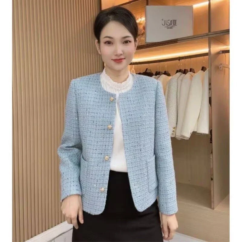 小さな香りのコート レディース 春秋 2025 新作 ジャケット 女性 ショート丈 気質 アウター ファッション ハイ ブルー オーバーコート レディース トップス