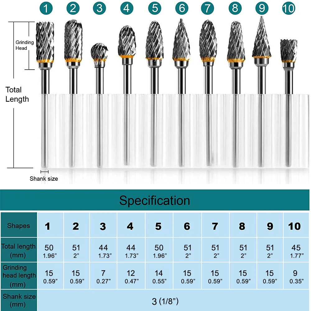 10pcs Tungsten Carbide Steel Double Cut Rotary Burrs Set for Rotary Tool, 1/8 inches Shank Fits Rotary Tool for Grinder Drill