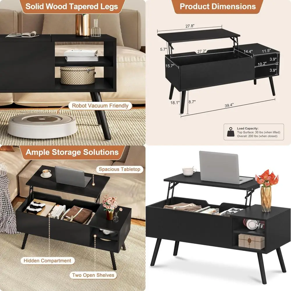 

40-журнальный столик с подъемным верхом со скрытым хранилищем, ножками из массива дерева и открытыми полками для гостиной