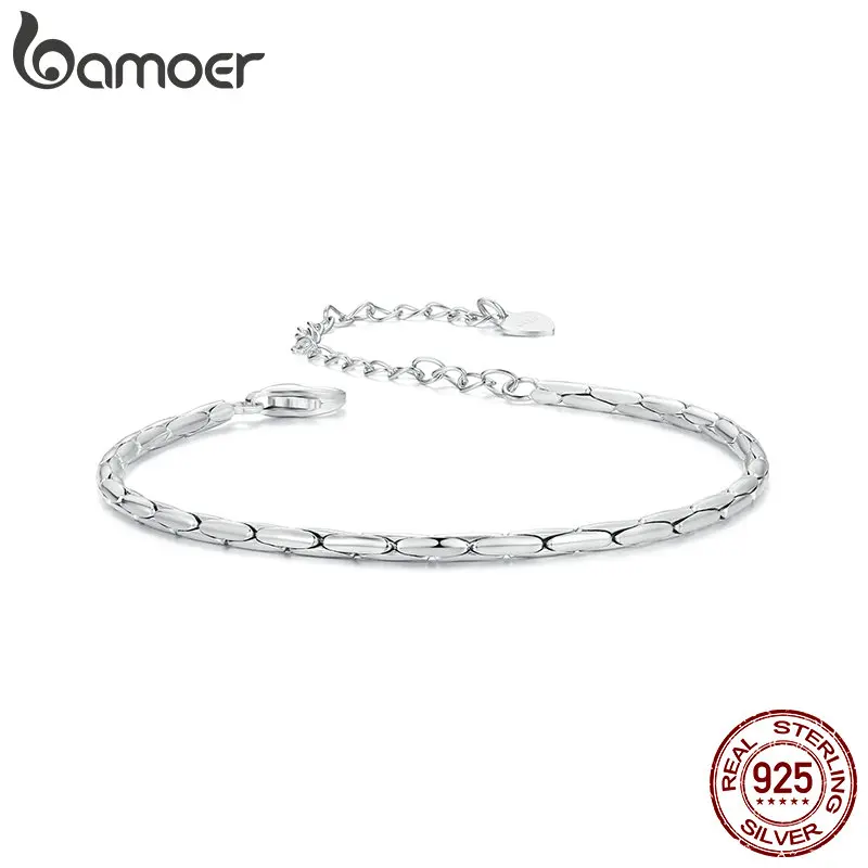 BAMOER White Gold Plated Bracelet for Women, 925 Sterling Silver Snake Chain Bracelet Dainty Fashion Basic Bracelet BSB173