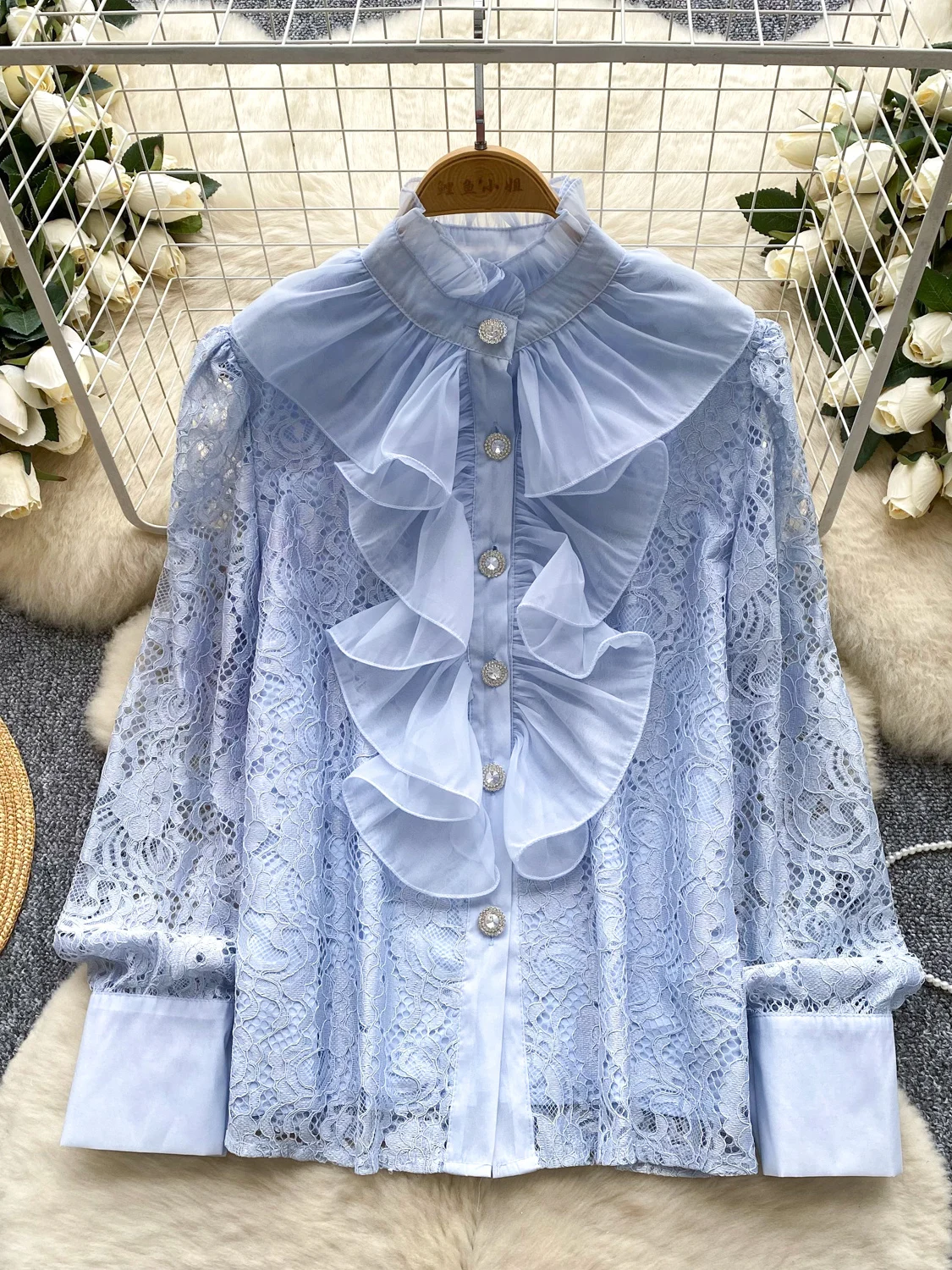 Csa informal de encaje de manga larga para mujer, Top de empalme con borde de ma, versátil, a la moda, estilo dulce y ...