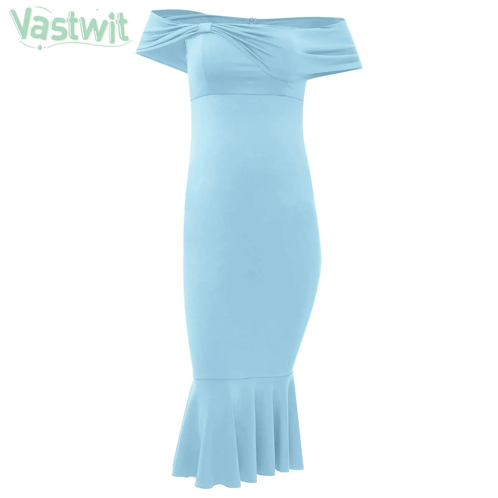 

Pregnant Woman Elegant Wedding Birthday Party Dress Cold Shoulder Short Sleeve Stretchy Ruffle Hem Gown Photography Dresses