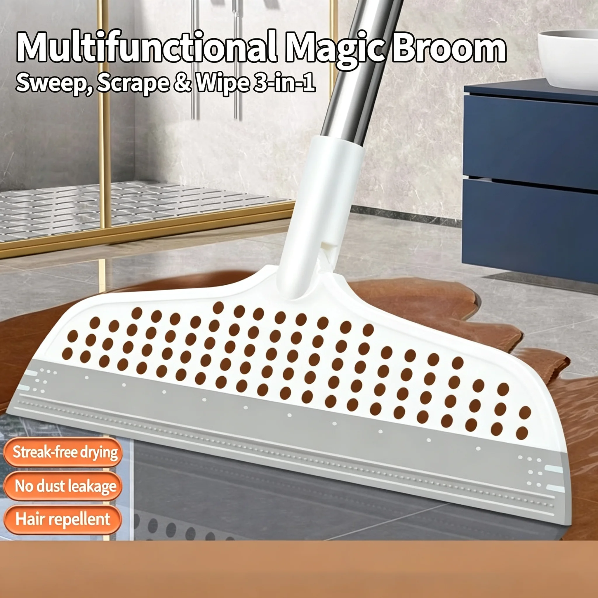 Floor Scraper, Glass Scraper, Household Cleaning Tool, Glass Wiper, Floor Hair Cleaning Supplies, Durable Handle, Magic Broom, Double-Sided Silicone Scraper, 180 ° Angle Design, Easy to Store, Suitable for Various Cleaning Scenarios