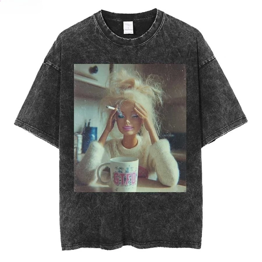 2026 Funny Distressed Doll Face Meme Smoking Oversized T Shirt Summer Cotton Vintage Washed T-shirt for Men Women