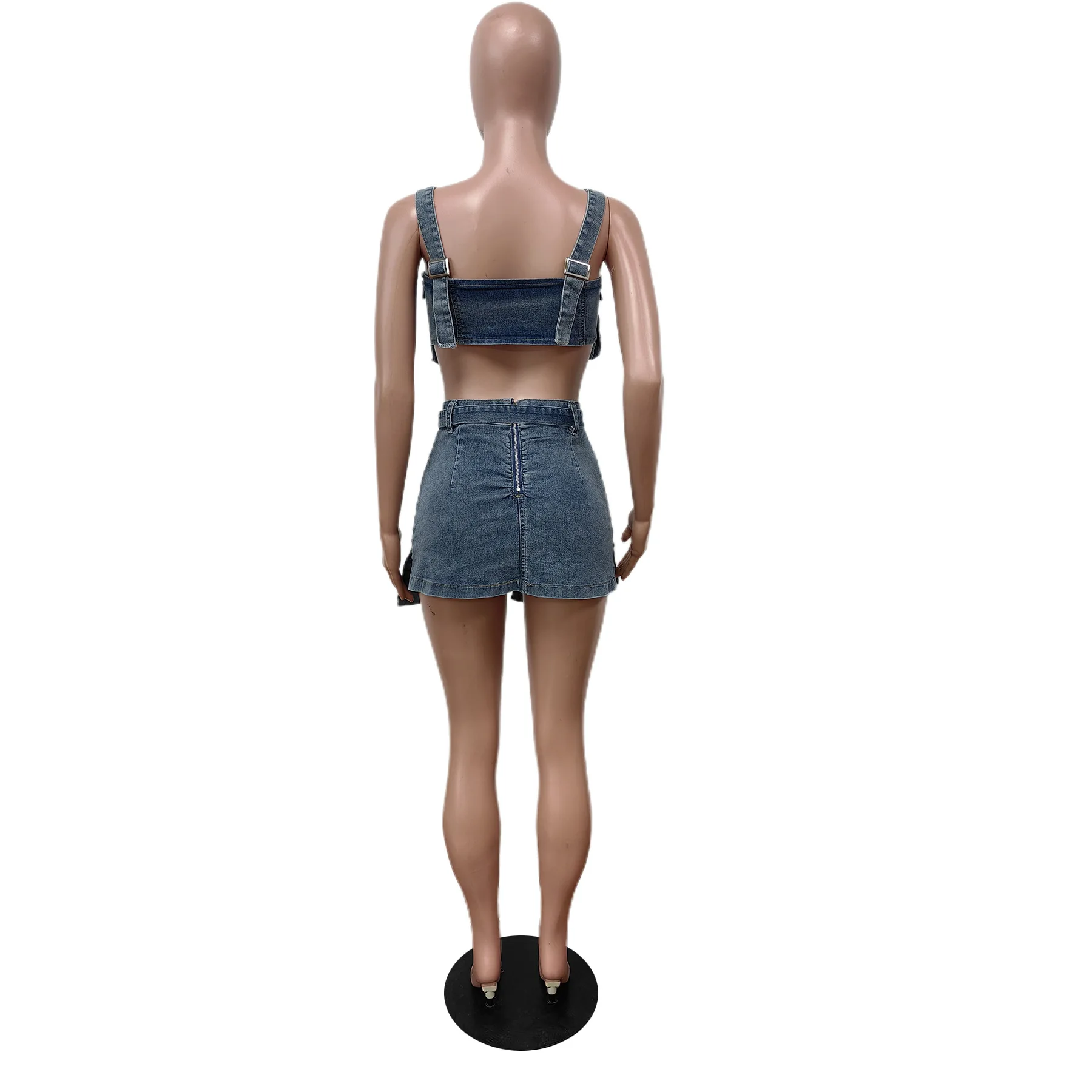 Traje de mezclilla para mujer, Top Halter y falda delgada, ropa de calle cómoda de Color sólido, conjunto de dos piezas, verano, nuevo