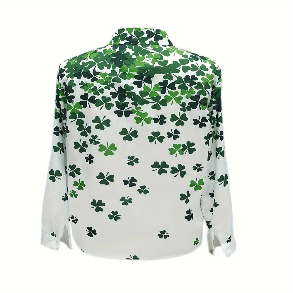 Clover Printed Shirt Full Of Vitality, Women's Long Sleeved Button Up Front Top With Loose Fit Soft And Versatile Fabric