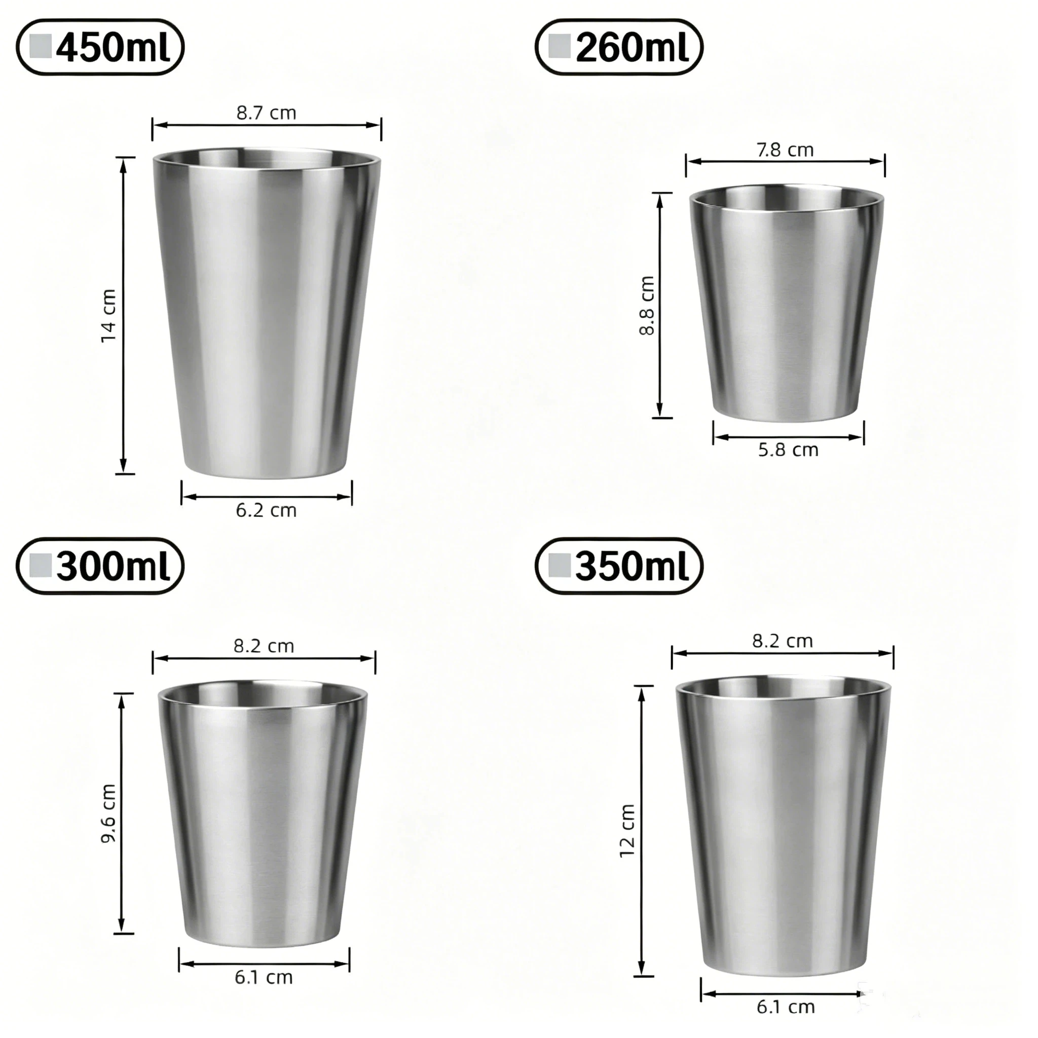 260/300/350/450ml Stainless Steel Premium Drinking Cups Shatterproof Cold Retention For Picnics Home Parties Daily Use