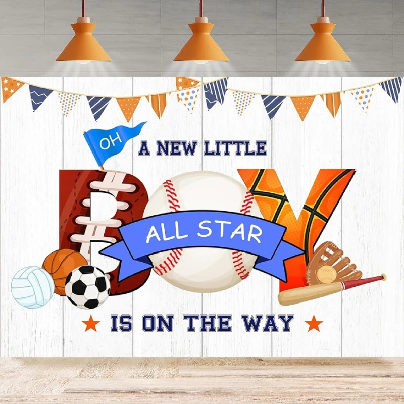 Photography Backdrop Boys Football Baseball Basketball A New Little All Star Is On The Way Wood Background Newborn Party Banner