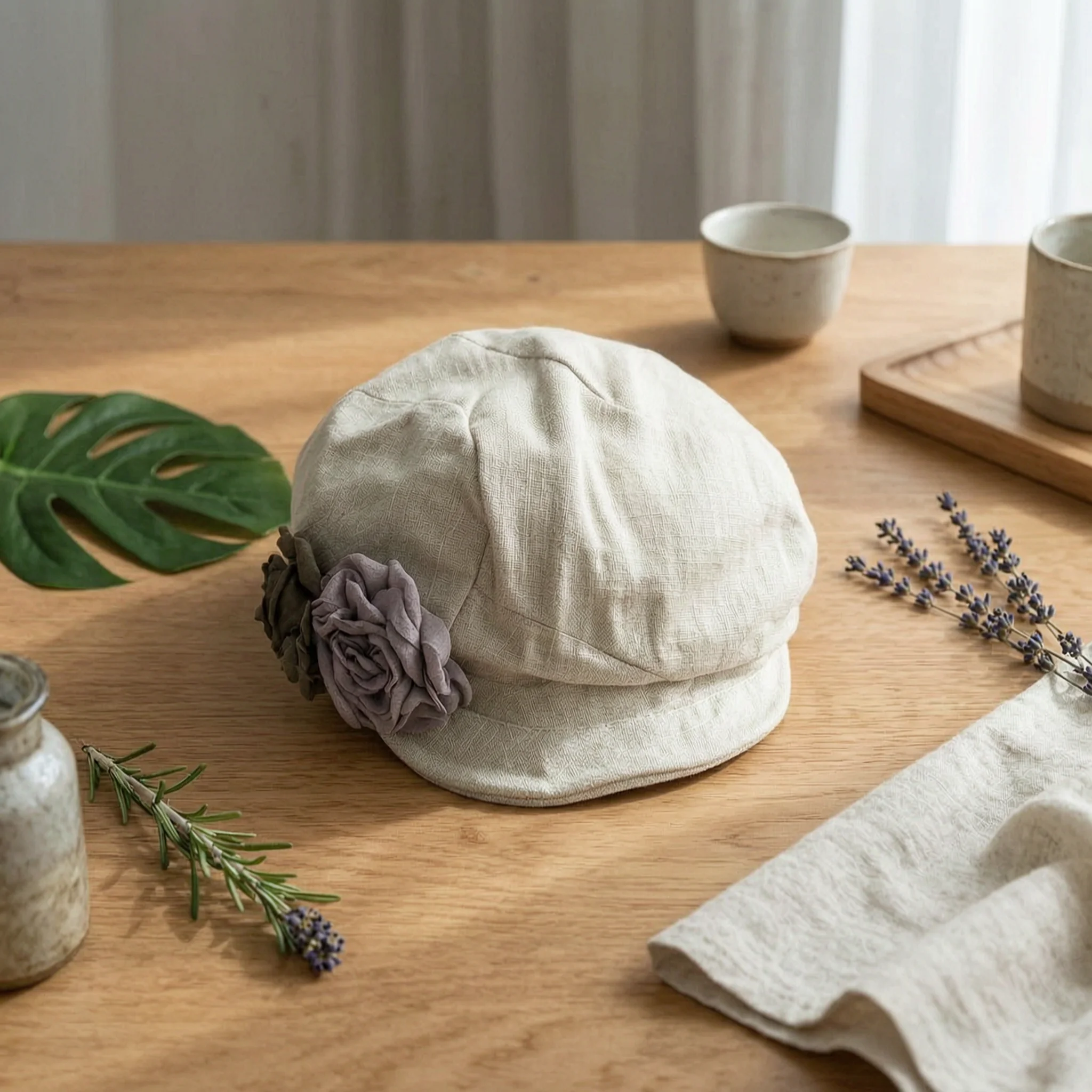 

Flower Beret Vernal Fashion Linen Beret Pleated Newsboy Cap Lightweight Gatsby Cabbie Hat Skin-Friendly for Autumn Wear