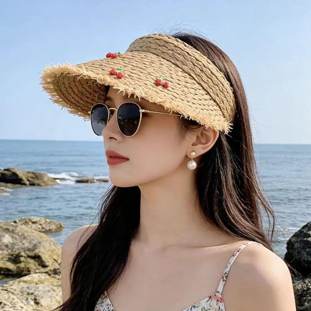 Dopamine Cherry Strawberry Sun Hat Beige Khaki Headband-style Open-crown Straw Hat Sunscreen Breathable Sunshade Cap Summer