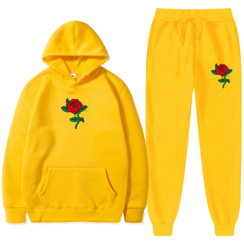 2-piece Sets Hoodies Sweatpants Suits Rose Flower Print Tracksuit Men Women Sweatshirt Suit Fleece Pullover Hoodie Jogging Pants