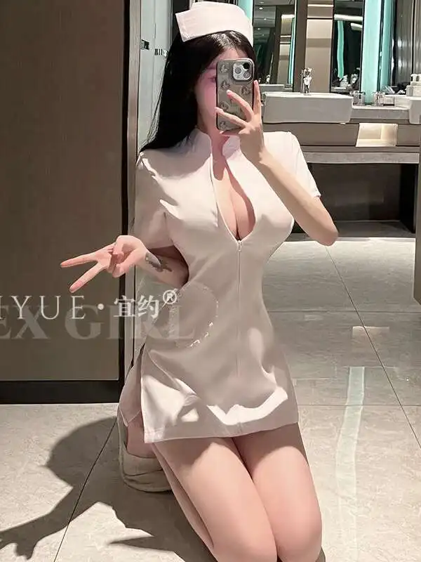 Uniforme de enfermera Sexy Pure Desire para mujer, uniforme seductor dividido picante, vestido elegante Sexy coreano para mujer, Mini vestido, camiseta 9FZN