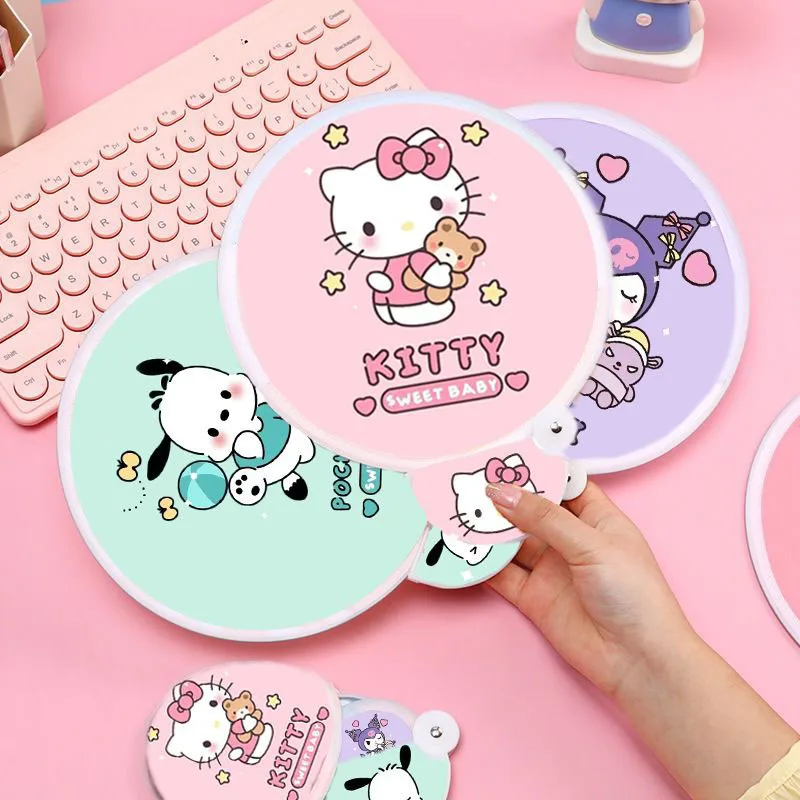 Sanrio Cartoon Kuromi Portable Folding Fan Kawaii Cinnamoroll Circular Fans Pink Hello Kitty Cooling Girl Pufan with Storage Bag