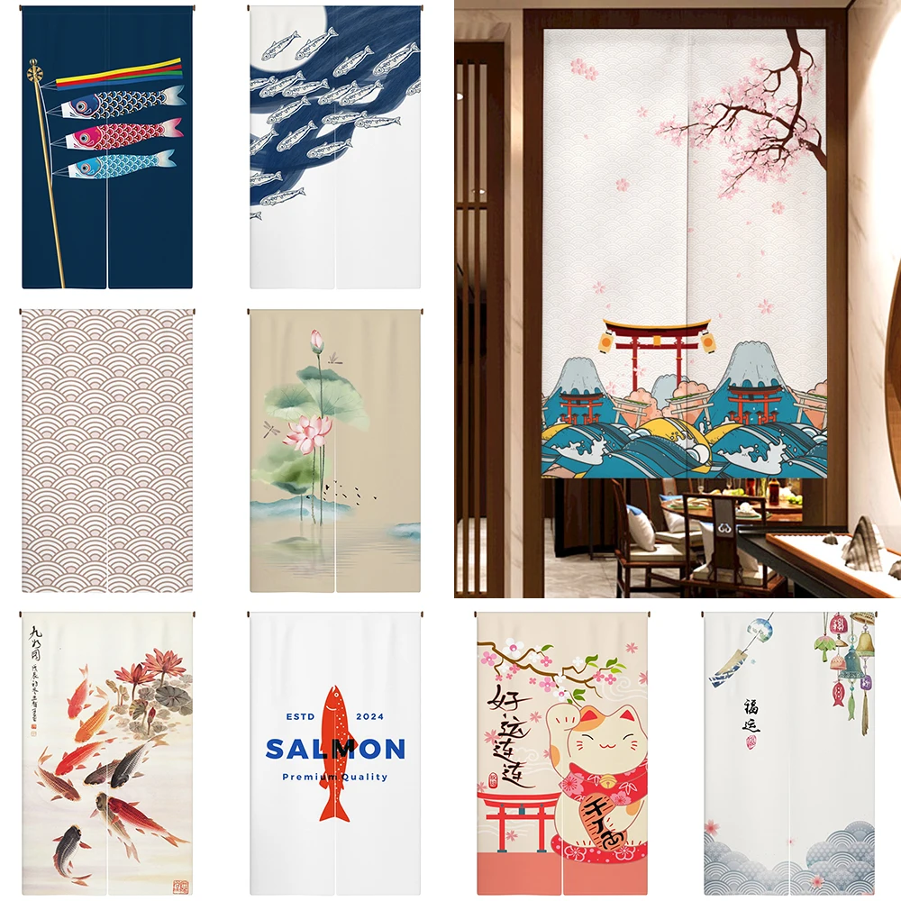 Cherry Blossom Ukiyo-e Door Curtain Japanese Kitchen Linen Curtain Partition Entrance Doorway Decor Noren Hanging Half Curtain