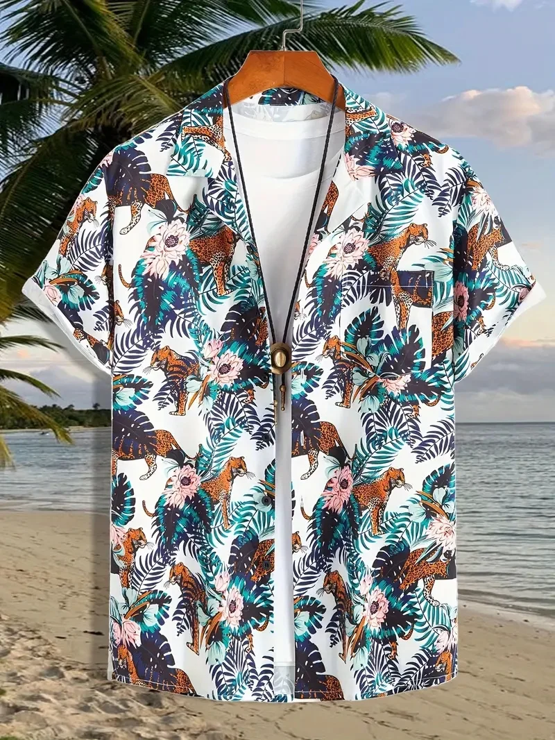 Men\'s Hawaiian floral pattern print shirt with lapels, button fly and short sleeves, stylish and fashionable design, comfortable