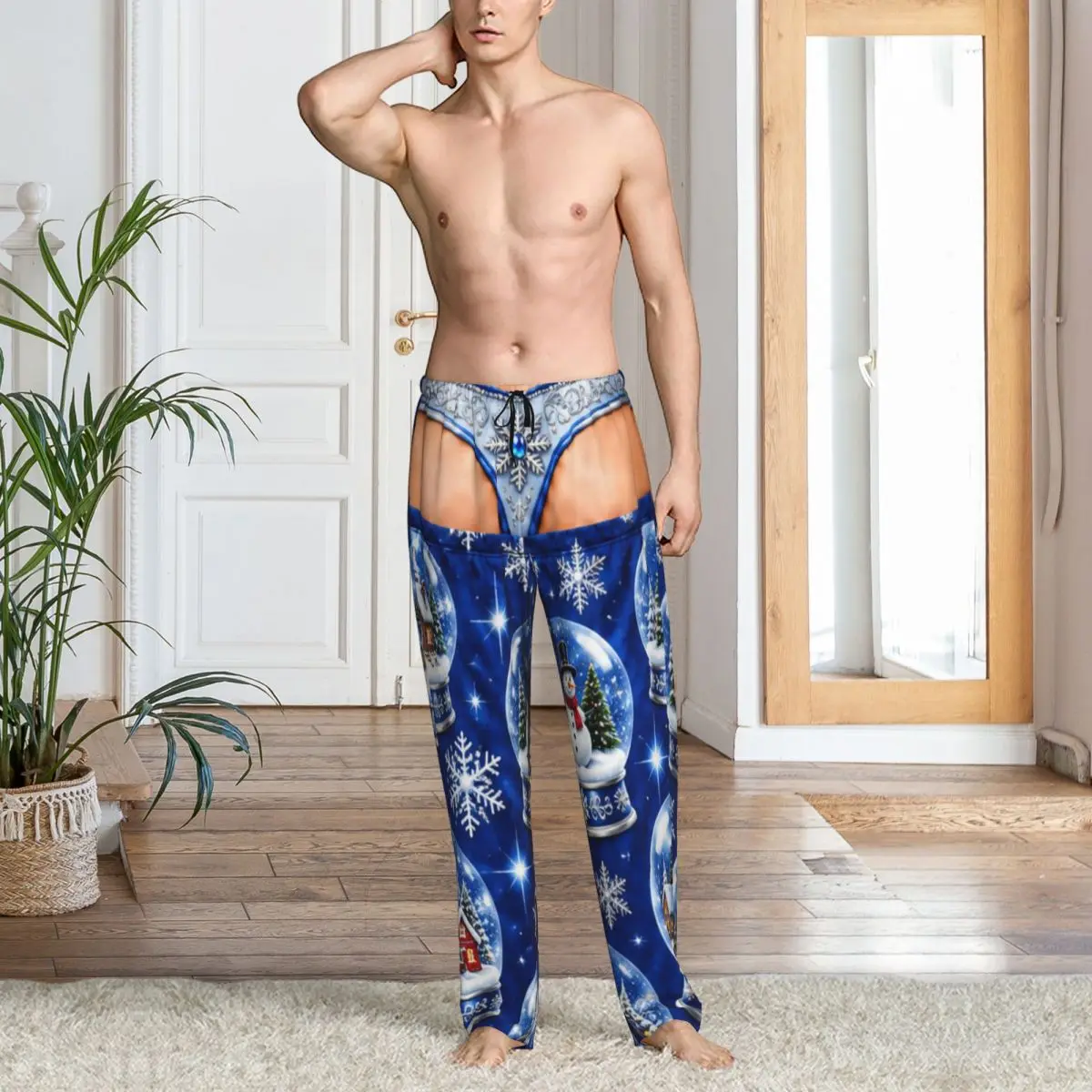 Men Wide Leg Merry Christmas Santa Claus Snowman Pajamas Pants Flexible Lounge Pajama Bottoms Pants