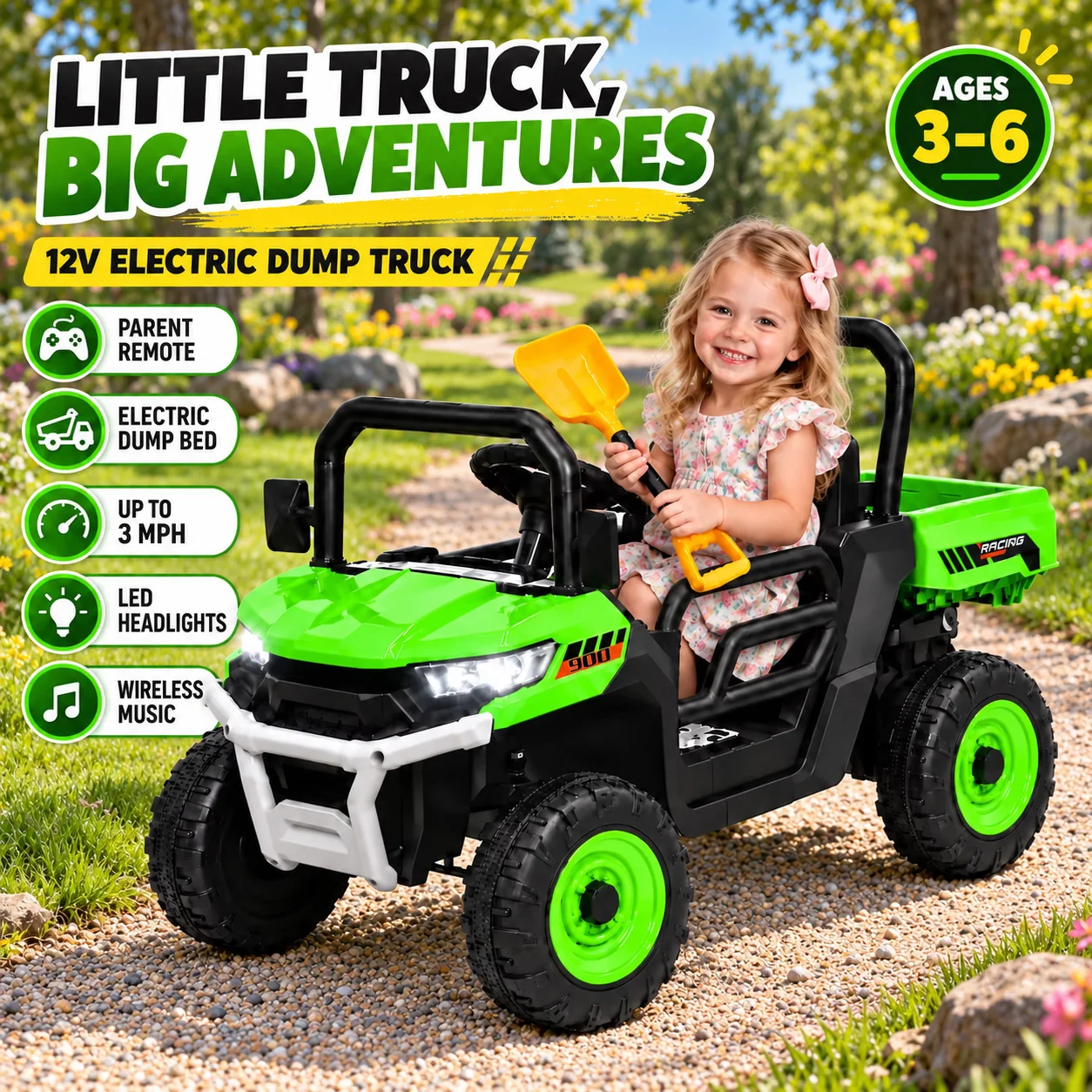 Ride on Toys 12V Dump Truck with Parental Remote Control 3 MPH Four Wheel Farm Car Wireless Music LED Headlights Battery Display Electric Dump Bed Dual Doors Outdoor Toy Ages 3 To 6