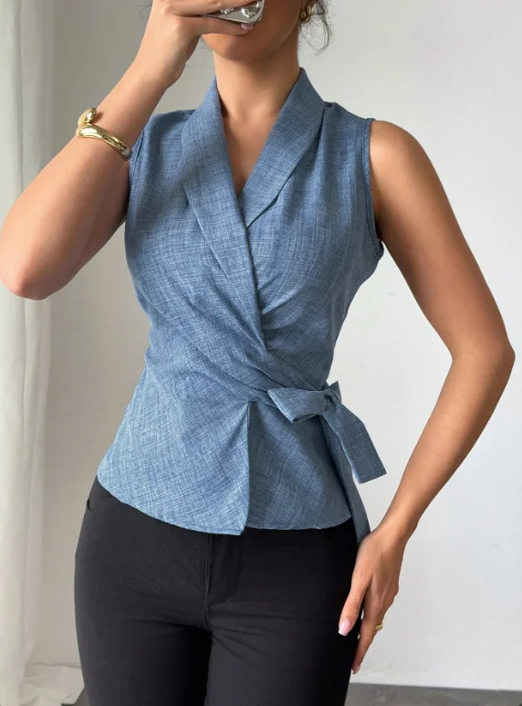 

European American Fashion Waist Cinching Tie Up Lapel Shirt Vest Sleeveless Tank Tops Women Clothing