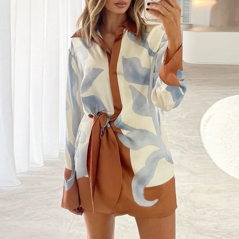 Robes de soirée décontractées à nouer pour femmes, élégantes, nouveau graphique, manches longues, ample, Mini robe pour dames, mode col à revers, chemises 2025