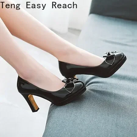 2024 Spring Bowtie Cute Pumps Mary Jane Round Toe PU Buckle Strap Sweet 8cm Block Heels Big Size 43