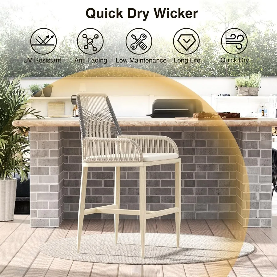 Outdoor Bar Stools Set of 2 Aluminum Rattan Counter Height Bar Stools with Removable Cushion Boho Style Barstools for Patio Kit